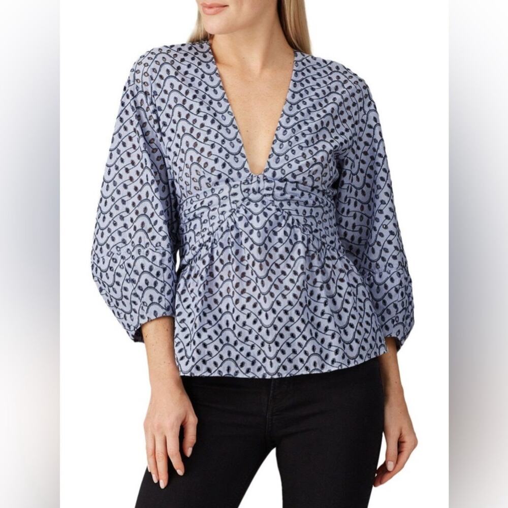 Derek Lam 10 Crosby Eyelet Embroidered Lace Blue Balloon Sleeve Blouse Size 4